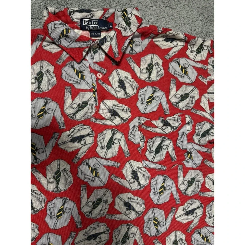 VTG 1992 Polo Ralph Lauren Men L Shirt & Tie All-Over Motif Print Polo Shirt USA